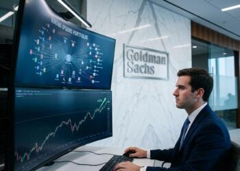 Analista en oficina de Goldman Sachs frente a pantallas con gráficos y portafolio.
