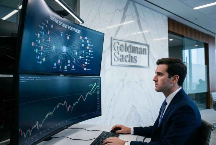 Analista en oficina de Goldman Sachs frente a pantallas con gráficos y portafolio.