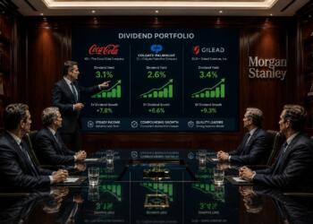 Presentador en sala de juntas de Morgan Stanley mostrando un portafolio de dividendos.