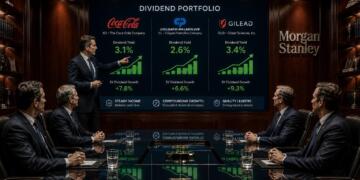 Presentador en sala de juntas de Morgan Stanley mostrando un portafolio de dividendos.