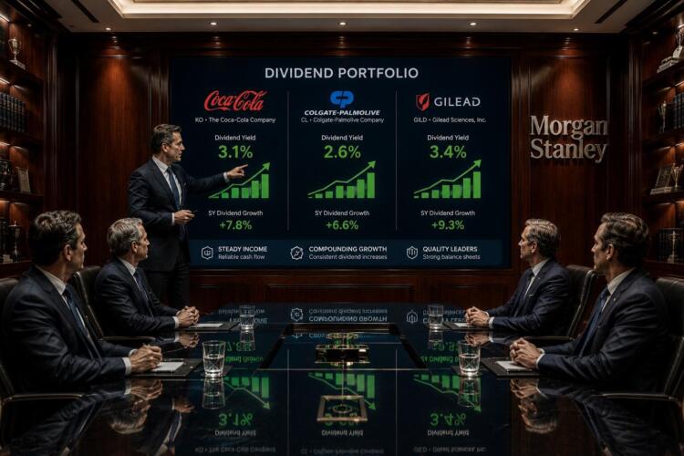 Presentador en sala de juntas de Morgan Stanley mostrando un portafolio de dividendos.