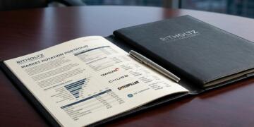 Carpeta con informes financieros de Ritholtz Wealth Management sobre una mesa de madera.