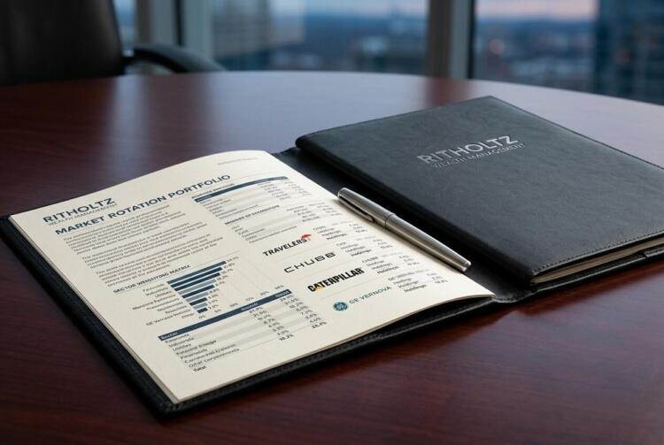 Carpeta con informes financieros de Ritholtz Wealth Management sobre una mesa de madera.