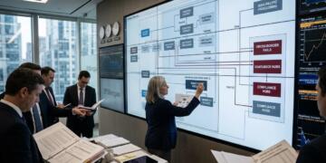 Analistas revisan diagrama de flujo de transacciones en la sala de juntas de JPMorgan.