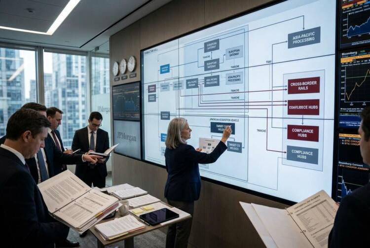 Analistas revisan diagrama de flujo de transacciones en la sala de juntas de JPMorgan.