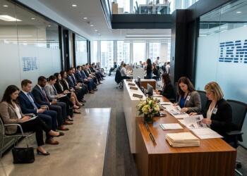 Candidatos esperan turno frente al mostrador de recepción