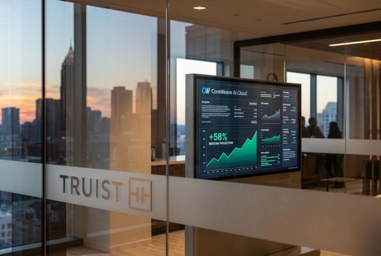 Pantalla con un gráfico de crecimiento del 58% para CoreWeave AI Cloud en oficinas de Truist.