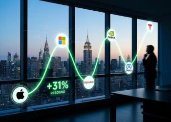 Gráfico de rebote del 31% con logos de tecnológicas frente a un horizonte urbano.