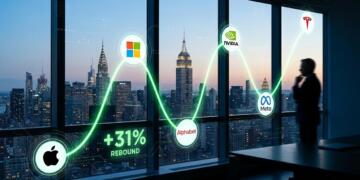 Gráfico de rebote del 31% con logos de tecnológicas frente a un horizonte urbano.