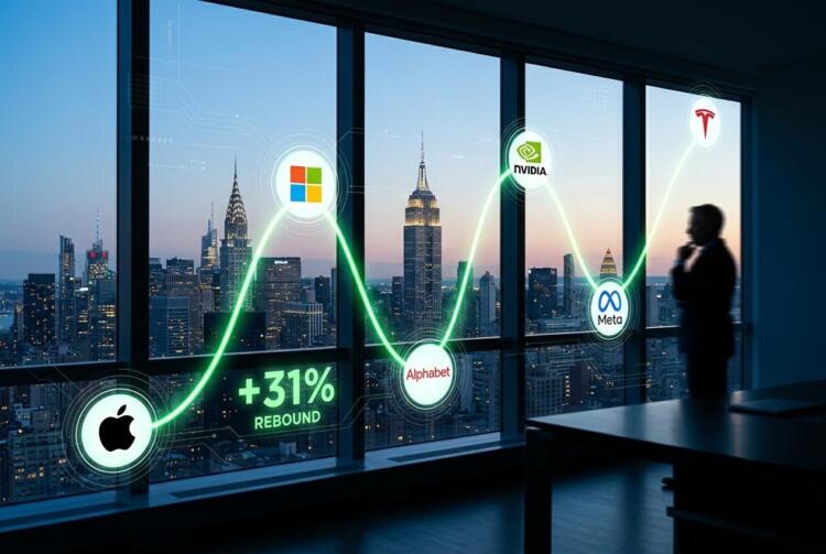 Gráfico de rebote del 31% con logos de tecnológicas frente a un horizonte urbano.
