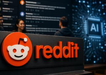 Logotipo de Reddit con referencias a comunidad digital e inteligencia artificial.