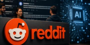 Logotipo de Reddit con referencias a comunidad digital e inteligencia artificial.