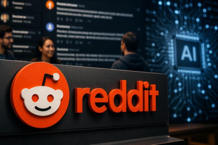 Logotipo de Reddit con referencias a comunidad digital e inteligencia artificial.