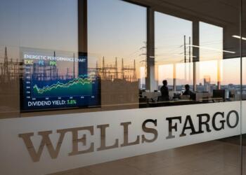 Pantalla con gráfico de rendimiento energético y el logotipo de Wells Fargo en una oficina.