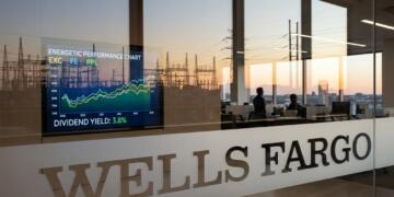 Pantalla con gráfico de rendimiento energético y el logotipo de Wells Fargo en una oficina.