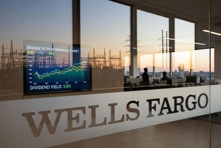 Pantalla con gráfico de rendimiento energético y el logotipo de Wells Fargo en una oficina.