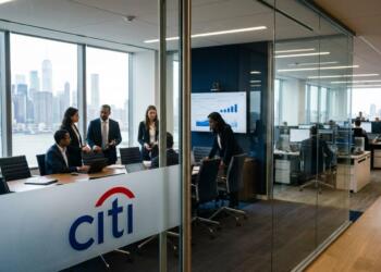 Profesionales en reunión de negocios dentro de la oficina de Citi con vista urbana.