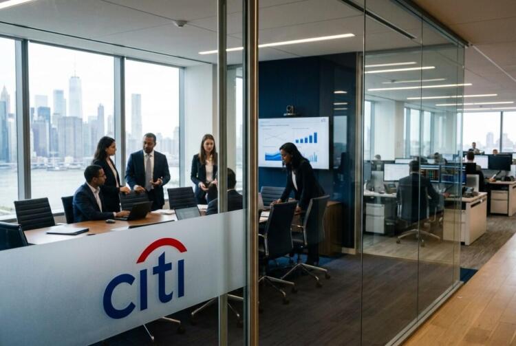 Profesionales en reunión de negocios dentro de la oficina de Citi con vista urbana.