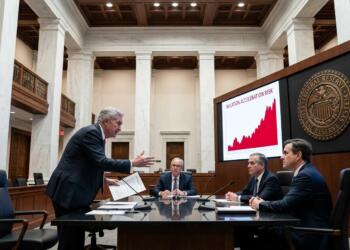 Oficiales de la Reserva Federal discutiendo un informe sobre riesgo de inflación acelerada.