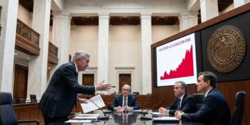 Oficiales de la Reserva Federal discutiendo un informe sobre riesgo de inflación acelerada.