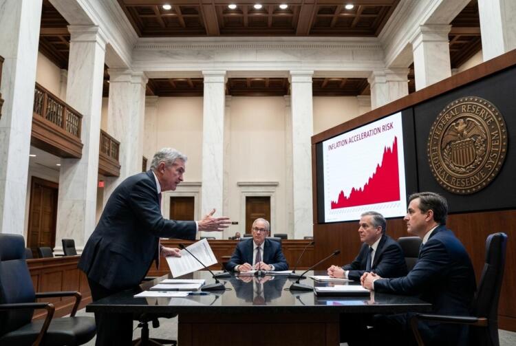Oficiales de la Reserva Federal discutiendo un informe sobre riesgo de inflación acelerada.