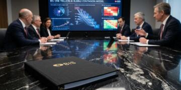 Ejecutivos analizan un modelo de contagio de burbuja IA en una reunión del BIS.