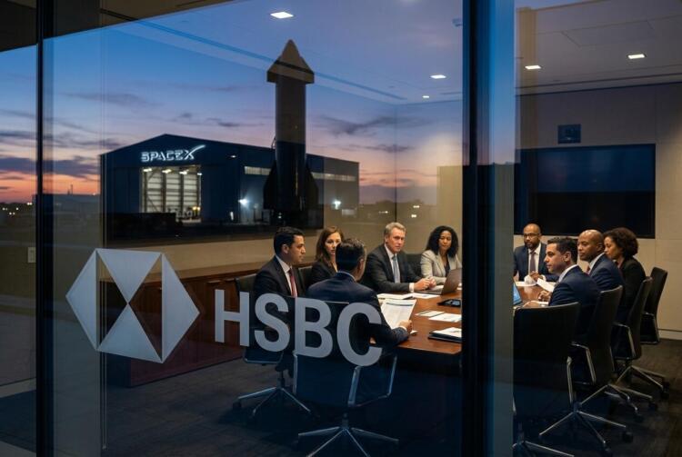 Ejecutivos de HSBC participan en una reunión en una sala de juntas con vista a las instalaciones de SpaceX al atardecer.