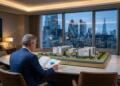 Un ejecutivo de Barclays revisa documentación junto a una maqueta arquitectónica de las instalaciones de SK Hynix, con el horizonte de Londres de fondo.