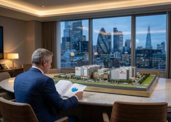Un ejecutivo de Barclays revisa documentación junto a una maqueta arquitectónica de las instalaciones de SK Hynix, con el horizonte de Londres de fondo.