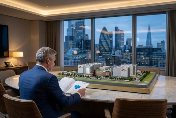 Un ejecutivo de Barclays revisa documentación junto a una maqueta arquitectónica de las instalaciones de SK Hynix, con el horizonte de Londres de fondo.