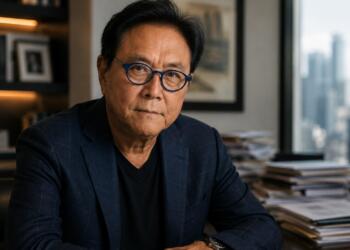 Robert Kiyosaki en una oficina durante un análisis económico.