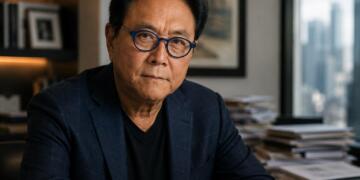 Robert Kiyosaki en una oficina durante un análisis económico.
