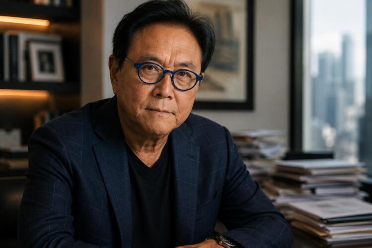 Robert Kiyosaki en una oficina durante un análisis económico.