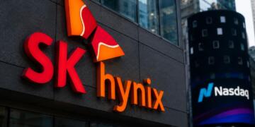 Logotipo de SK Hynix destaca en su sede antes de su llegada a Nasdaq.