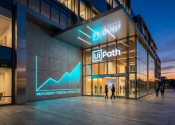 Fachada moderna de un edificio corporativo al atardecer con el logotipo de UiPath y un gráfico de neón cian en la pared exterior.