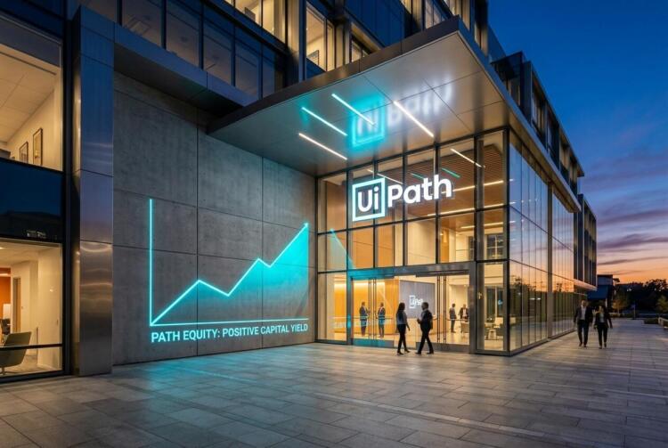 Fachada moderna de un edificio corporativo al atardecer con el logotipo de UiPath y un gráfico de neón cian en la pared exterior.