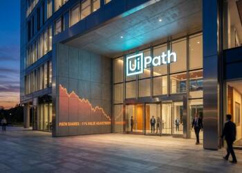 Fachada de UiPath al atardecer con un gráfico de neón cian que muestra una tendencia ascendente en la pared exterior.