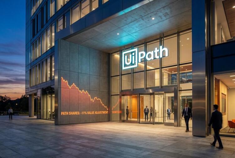 Fachada de UiPath al atardecer con un gráfico de neón cian que muestra una tendencia ascendente en la pared exterior.