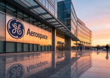 Fachada moderna con el logotipo de GE Aerospace y su reflejo en el suelo al atardecer.