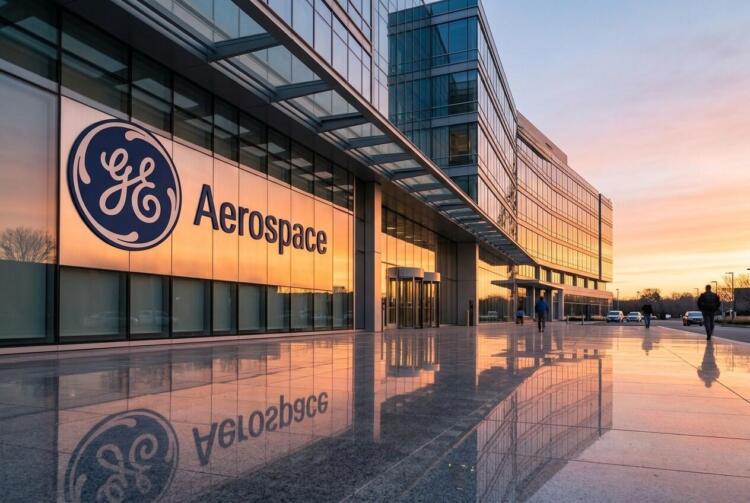 Fachada moderna con el logotipo de GE Aerospace y su reflejo en el suelo al atardecer.
