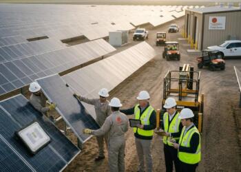Equipo técnico y analistas revisan la instalación de paneles en una planta de First Solar.