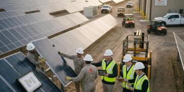 Equipo técnico y analistas revisan la instalación de paneles en una planta de First Solar.
