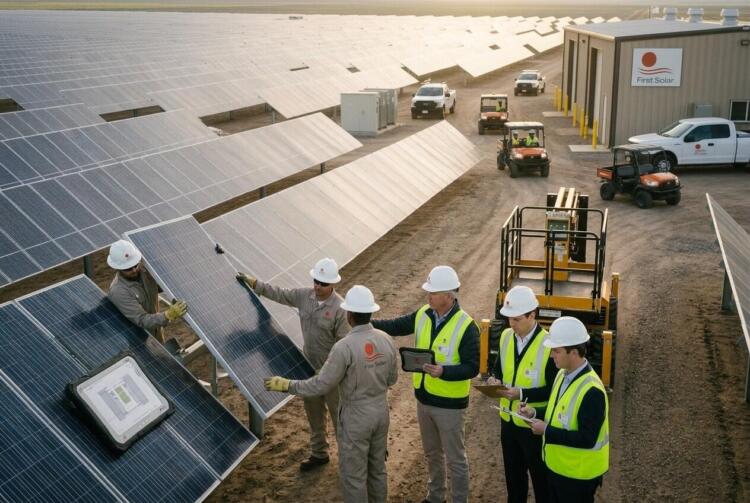 Equipo técnico y analistas revisan la instalación de paneles en una planta de First Solar.