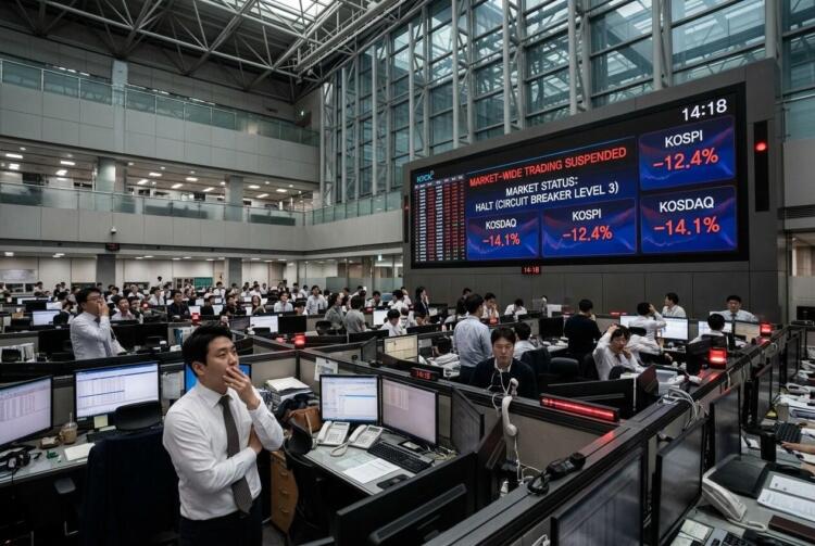 Traders observan pantalla que muestra la suspensión del mercado de valores KOSPI.