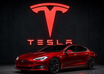 Logotipo de Tesla junto a un vehículo eléctrico de la marca.