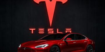 Logotipo de Tesla junto a un vehículo eléctrico de la marca.