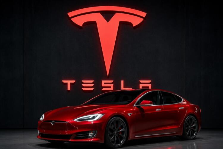 Logotipo de Tesla junto a un vehículo eléctrico de la marca.