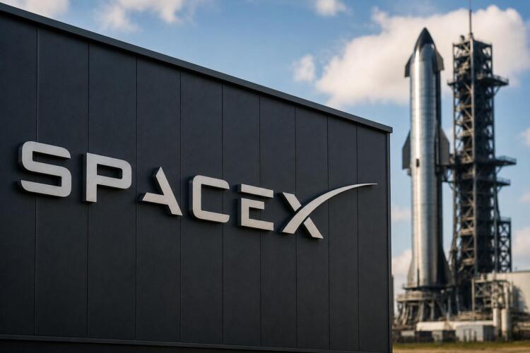 Logotipo de SpaceX junto a Starship en la plataforma de lanzamiento.