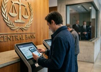 Usuario utiliza su smartphone en un quiosco de servicios financieros dentro de un banco central