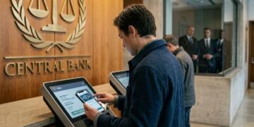 Usuario utiliza su smartphone en un quiosco de servicios financieros dentro de un banco central